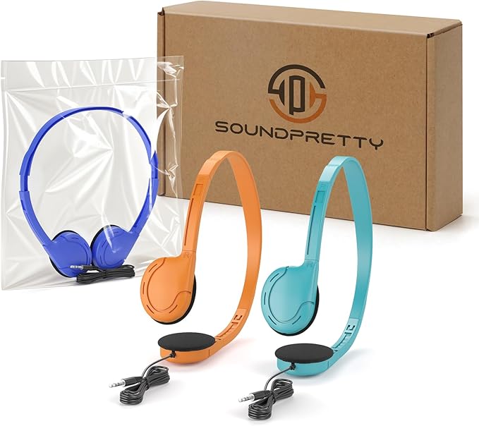 3 Pack Bulk Headphones for School, Classroom, Students - On Ear with 3.5mm Jack, 4ft Tangle Free Cable, 3 Colors - Compatible with iPad, Chromebook, Laptop, PC