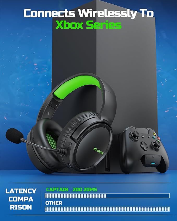 BINNUNE Wireless Gaming Headset for Xbox Series X|S & Xbox One, Low Latency Wireless + Bluetooth, Flip-to-Mute Noise Cancelling Mic, 50mm Drivers, 40H Battery, Over-Ear Headphones