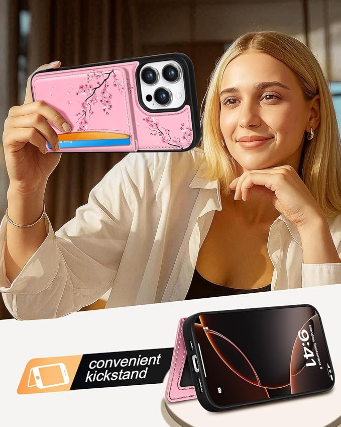 for iPhone 16 Pro Max Case with Wallet - Fits 4 Card Slots, Compatible with MagSafe for Women Aesthetic PU Leather Credit Card Holder Kickstand Phone Cover for Apple 16 Promax, Peach Blossom