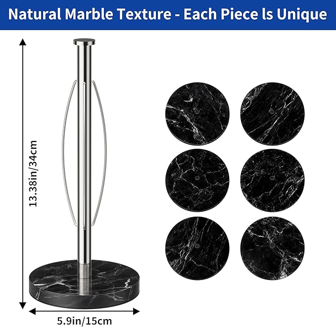 YIGII Heavy Marble Base Paper Towel Holder Countertop - Standing Paper Towel Roll Holder with Black Weighted Base, Gold Papertowel Holder for Kitchen