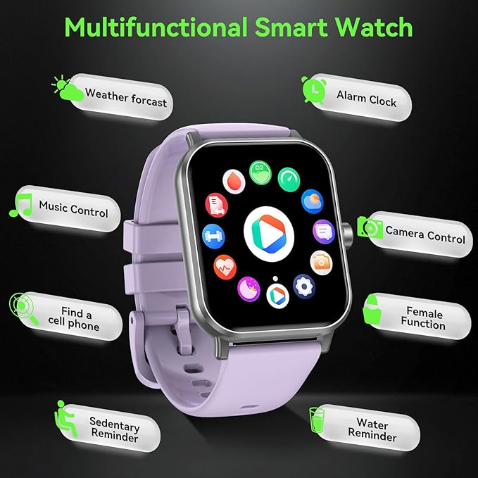 Smart Watch, 1.85" HD Fitness Tracker with Bluetooth Calls, 5 ATM Waterproof, 24/7 Heart Rate/Sleep Monitor, Pedometer, Calories, 130+ Sport Modes, Smartwatch for iOS Android (Purple)