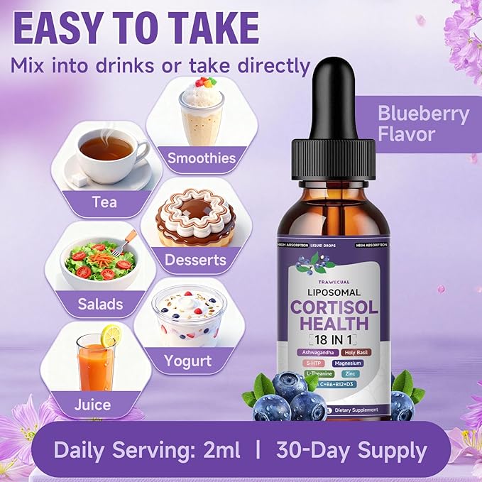 Liposomal Cortisol Liquid Drops, 18-in-1 Formula, Supports Stress, Mood, Sleep & Focus, with 300mg Ashwagandha, Magnesium & L-Theanine, Cortisol Reducer For Women/Men, Blueberry Flavor, 60ml
