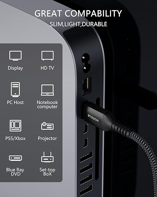 Stouchi 8K HDMI Cable 48Gbps 3ft, Ultra High Speed Short HDMI® Cable Braided Cord-4K@120Hz 8K@60Hz, eARC, DTS:X, HDCP 2.2 & 2.3, HDR 10 Compatible with Roku TV/PS5/HDTV/Blu-ray, Black