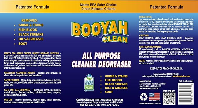 Booyah Clean All Purpose Cleaner Degreaser – Excellent Multi-Surface Cleaner - Removes Grime, Stains, Fish Blood, Oil, Grease, Black Streaks, and Soot – Meets EPA Safer Choice Direct Release Criteria