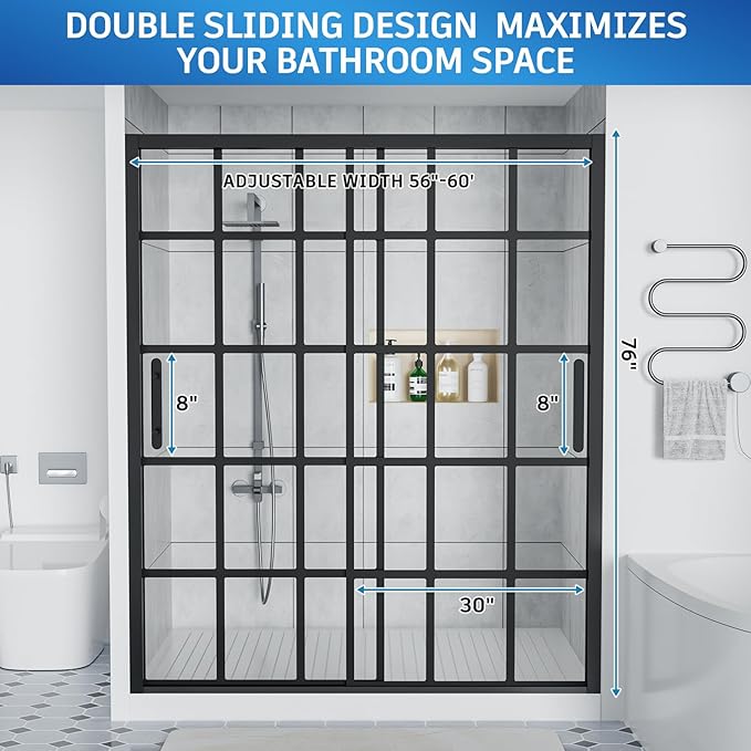 Shower Door, 60" W x 76" H 3/8" (10mm) Thick Framed Glass Shower Door with Explosion-Proof Film Nano Coating, Double Sliding Shower Doors for Walk in Shower,Stainless Steel Hardware