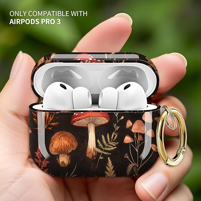 Cute Hard Case Compatible with AirPods Pro 3rd Generation Case (2025), Shockproof Protective Cover with Golden Keychain Ring Clip (Cute Mushroom)