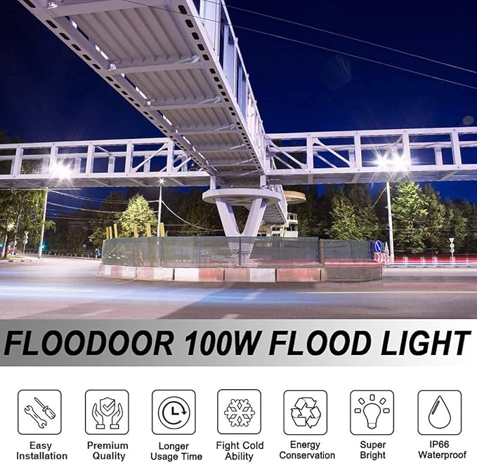 100W LED Flood Lights Outdoor, 10000LM Super Bright Flood Light with Plug, IP66 Waterproof Safety Work Lights for Yard, Garden, Playground, Basketball Court (2 Pack)