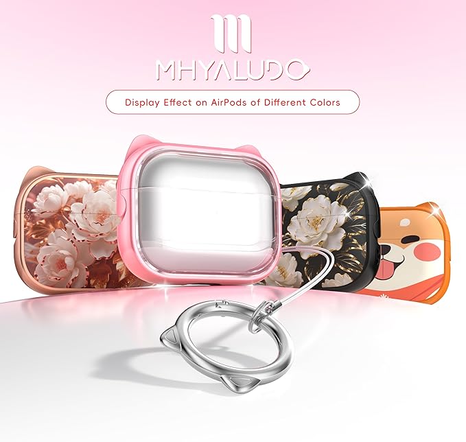 for AirPods Pro 2 Case with Cleaning Kit, Cute Cat Ear Print Design & Cute Buckle for Girls, Phone Holder & Top Safe Lock Buckle Design for AirPods Pro 2nd/1st Gen case, Clear Flowers
