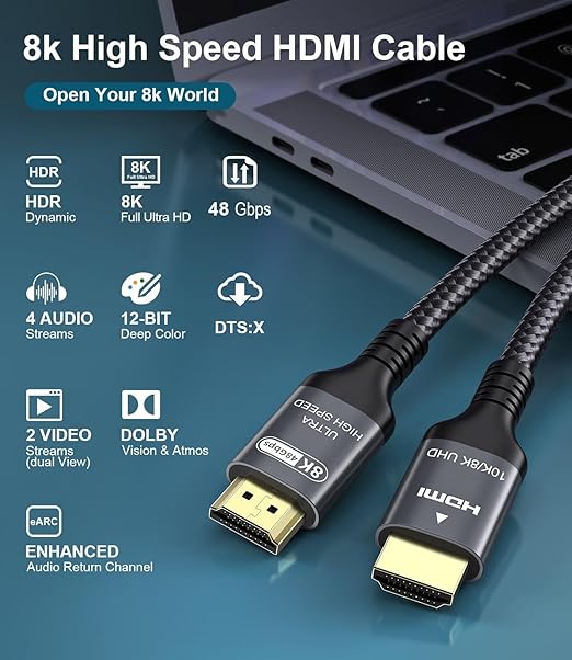 Certified 10K 8K HDMI 2.1 Cable 6.6 FT, 48Gbps Ultra High Speed HDMI® Cord Ethernet CEC 4K 240Hz 165Hz 144Hz 120Hz 8K 60Hz eARC Netflix HDCP2.3 HDR10+ PC Laptop RTX5090 TV Monitor Projector X-box PS5