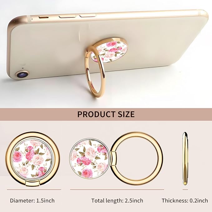 Cell Phone Ring Holder, Cute Metal Phone Grip Stand Finger Ring Kickstand, Flexible 360°Rotation Phone Tablet Case Accessories Compatible with Most Phones Luxury Pink Flowers