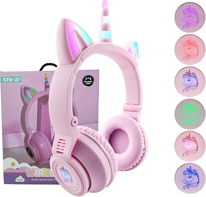 Unicorn Kids Headphones for Girls, Unicorn Bluetooth Headphones Foldable for Girls Toddlers Tablet/pad/Amazon fire,Light Up Kids Wireless Headphone Birthday Gifts (Purple Pink)