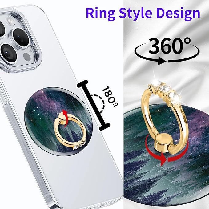 Magnetic Phone Ring Holder Compatible with MagSafe, Cute Phone Grip Stand with 360° Rotation Gold Glitter Finger Ring Kickstand Accessories for Most Phones Cute Purple Forest