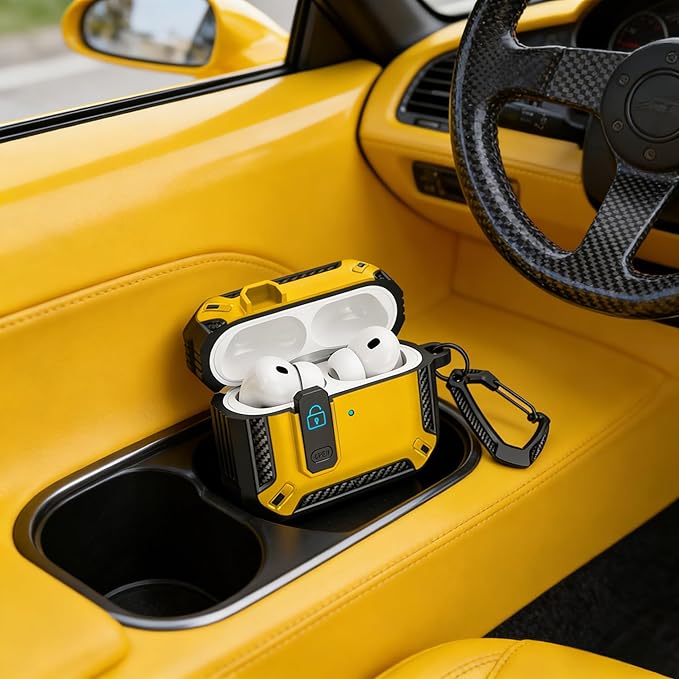 for AirPods 4 Case 2024 with Secure Lock Clip - Military-Grade Drop Protection AirPods 4th Generation Case, Carbon Fiber Shockproof Cover, Automatic Pop-up & Carabiner Hook, Black Yellow