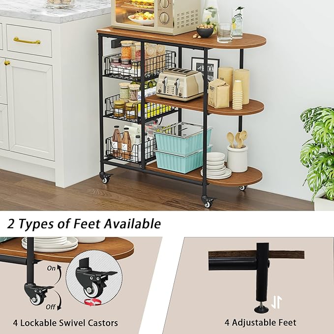LINZINAR Kitchen Bakers Rack with Power Outlet Coffee Bar Table 3 Tiers Microwave Oven Stand with Wheels Pull-Out Wire Basket Kitchen Storage Shelf Rack for Spices Pots and Pans (Redbrown, 3Tier)