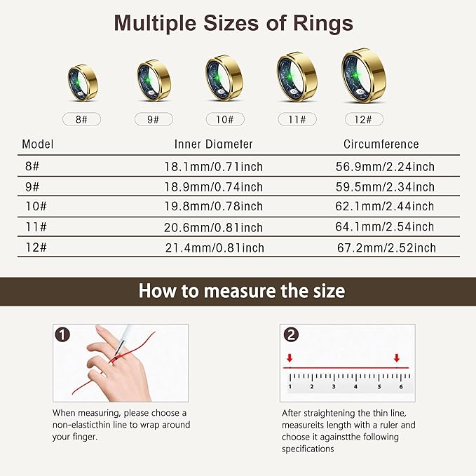 Smart Ring for Women Men, Fashion Minimalist Fitness Ring & Sleep Tracker Ring with Heart Rate, Blood Pressure,5ATM Waterproof Health Ring,Gifts for Women Men Gift,No Subscription (8,Gold)