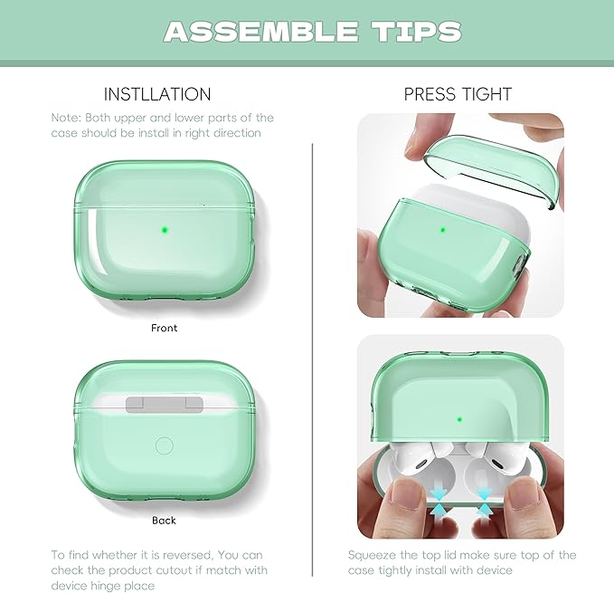for Airpods Pro 2nd/1st Generation Case Cover, Compatible with Airpods Pro Case 2nd Gen USB C Charging Port, Clear Soft Transparent Military Grade Shockproof Case, Clear Green
