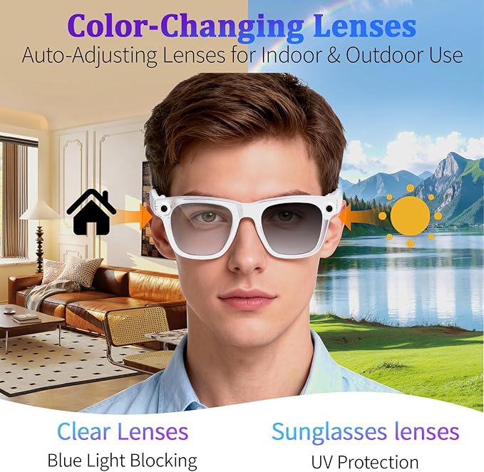 AI Smart Glasses with 8MP Camera, 4K Video & HD Photo, Bluetooth Audio, AI Voice Assistant, Real-Time Translation, Object Recognition, Noise-Cancel Calls, Music,Photochromic +2 Red Lenses