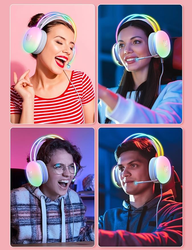 PC Gaming Headset with Microphone, Wired RGB LED Noise Cancel Gamer Headphones for PS4/PS5/MAC/LAPTOP, 3.5mm Over Ear Headphone 7.1 Surround Sound for Kids Adult Teens