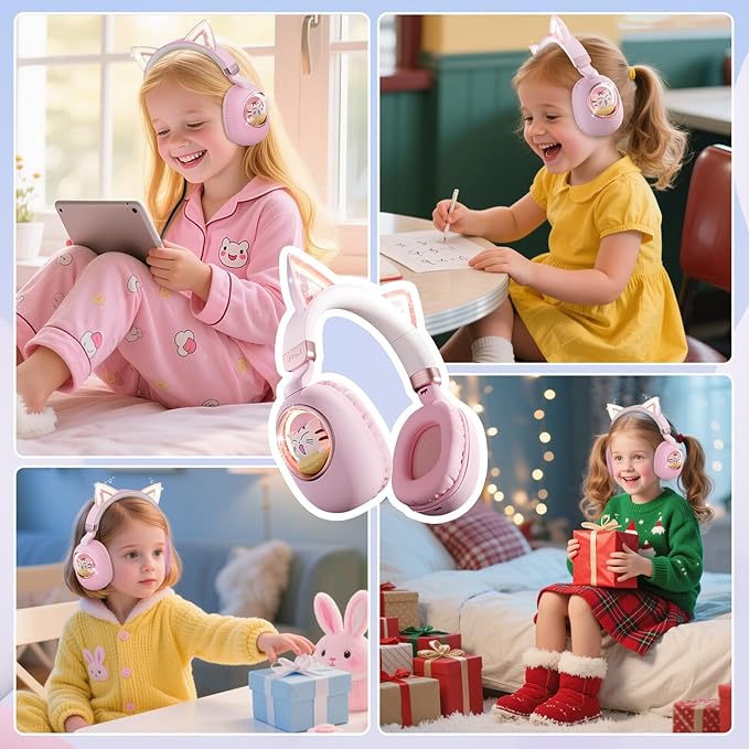 esonstyle Kids Headphones Cat Ear - Bluetooth 5.4 Over-Ear Noise Cancelling Headphones with Microphone LED Lights Up 85dB Safe Volume Limit Wireless or 3.5mm Wired USB C for Travel iPad Tablet (Pink)