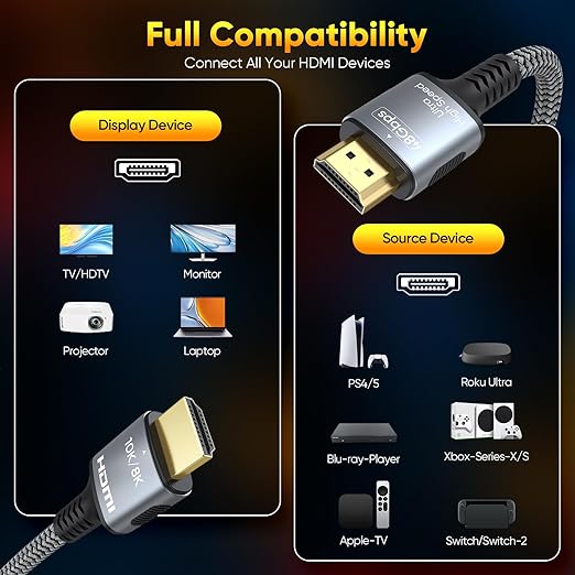 Certified HDMI 2.1 Cable 6FT, 8K HDMI eARC Cord for Home Theater, 48Gbps & 8K@60Hz HDMI ARC Cable for Soundbar to TV, 8K/4K TV, Roku/Apple TV, PS5, Xbox,Projector,Gaming Monitor, Computer and More