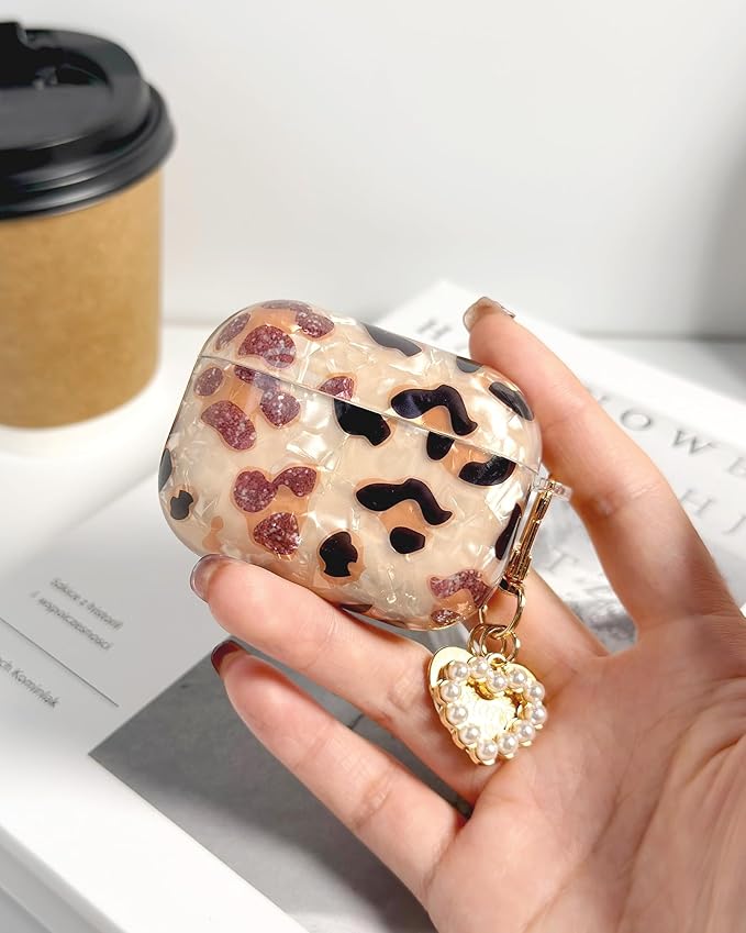 Compatible with AirPods Pro 2 Case Cute, Shell Cheetah Print Pattern Shockproof Protective Cover for Girls Women with Heart Keychain Designed for AirPod Pro 1st / 2nd Generation, Leopard