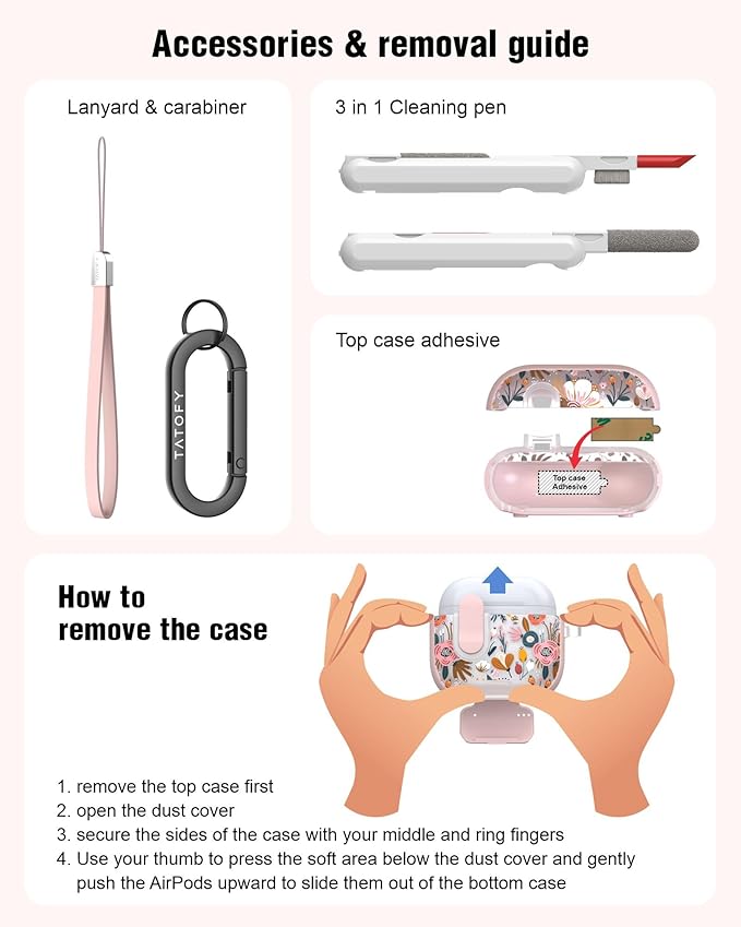 TATOFY for AirPods 4th Generation Case with Phone Stand Lanyard Lock Cleaning Kit, Compatible with Magsafe, Flowers Hard AirPod 4 Cover for Women (Salmon, AirPods 4th)