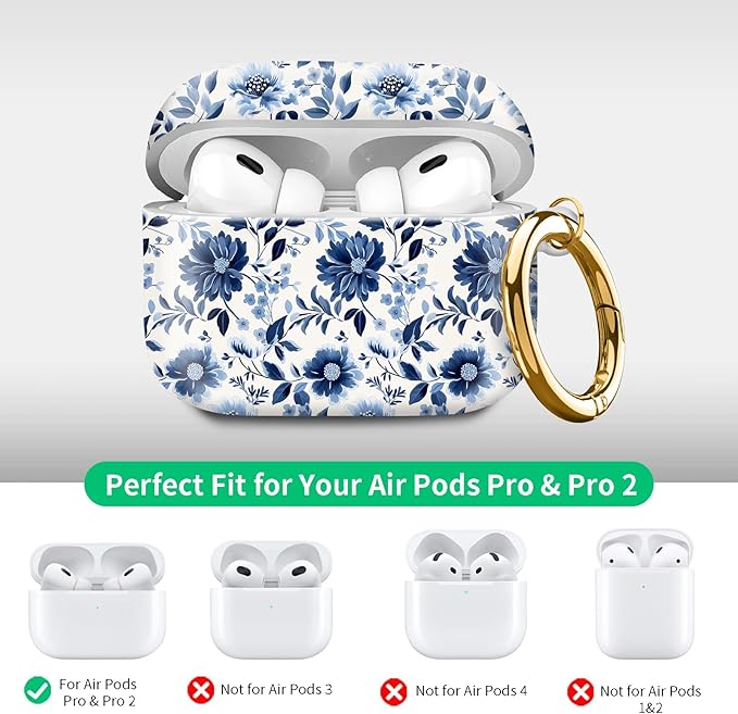 Compatible with Airpod pro 2nd/1st Generation Case Cover with Gold Round Keychain Cute Pattern Hard & Anti Slip Cover for Men Women & Girls(Blue and White)