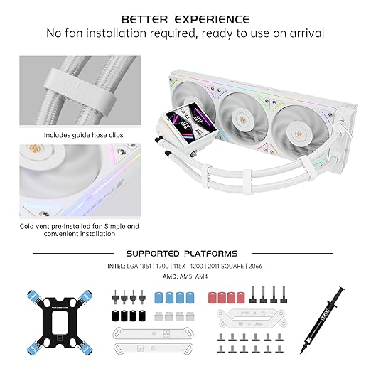 Hyper Vision 360 UB ARGB White 360mm AIO CPU Liquid Cooler with 3.95" IPS LCD Screen, TL-UB36 ARGB Fans, 27 dBA Quiet Cooling for Intel LGA1851/1700 & AMD AM5/AM4