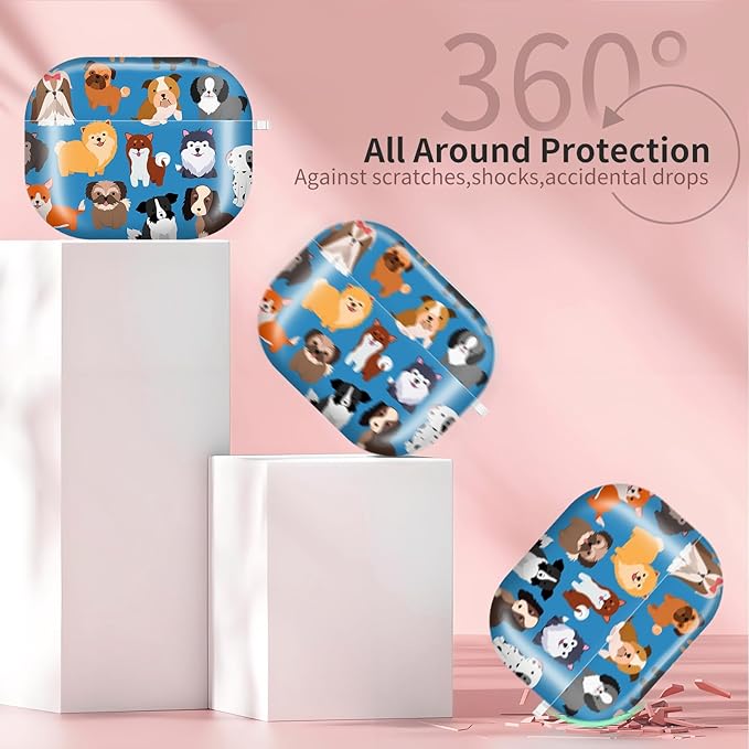 AirPod Pro 3 (2025) Case Cover for Women, Cute Shockproof TPU Protective Case with Gold Round Buckle, Anti-Drop Design Cute Blue Dog