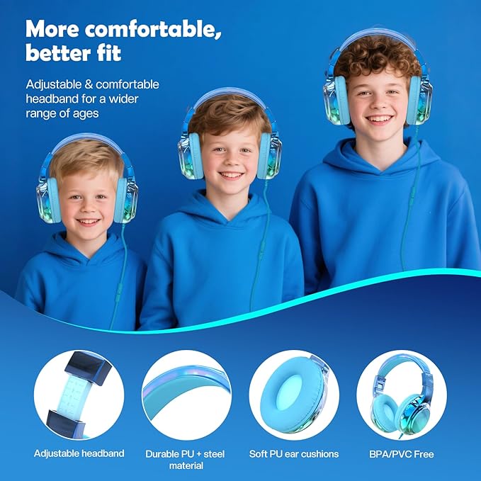 QearFun Kids Headphones Wired with Mic, 85/94dB Safe Volume Limit, Foldable Over Ear, Tangle-Free Cord & Sharing Port, Wired On-Ear Headset for School, Chromebook, Tablet, Travel - Boys & Girls