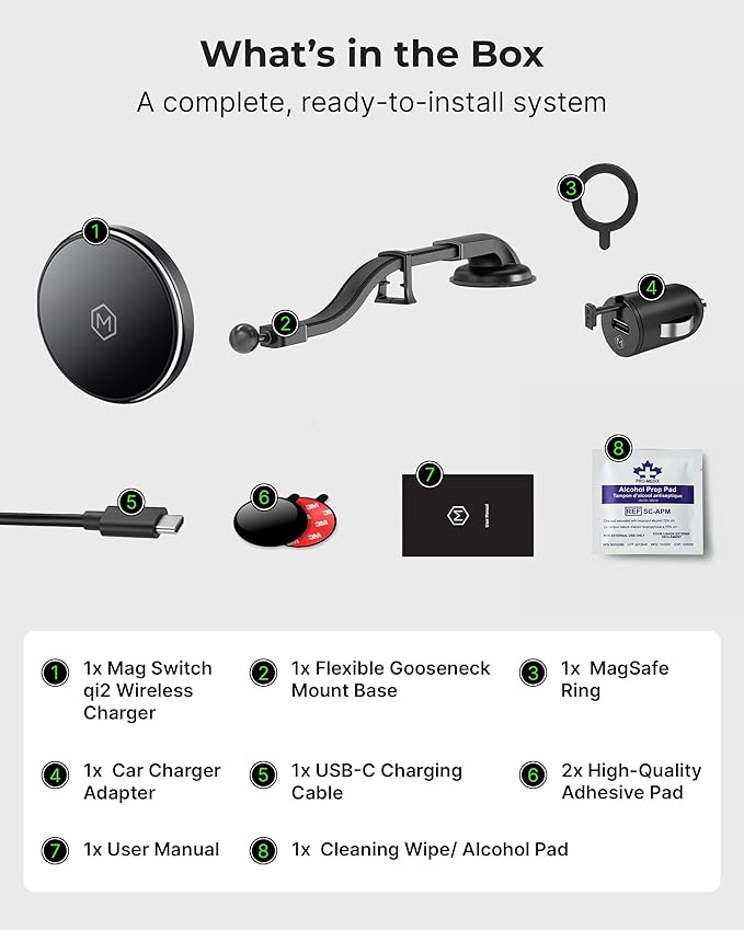 Mag Switch Qi2 Wireless Car Charger Gooseneck Mount, 15W Fast Charger with Built in on/Off Switch for Smarter Charging, Strong N52 Magnets, Compatible with iPhone 14/15/16/17/Galaxy