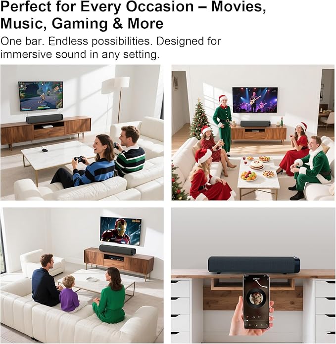 Sound Bar – 50W, Sound Bar for Smart TV, Sound Bar with Bluetooth 5.0, Optical/AUX Connectivity, Remote Control, Wall-Mountable Home Theater Audio, Compatible with TV, PC, and Phone