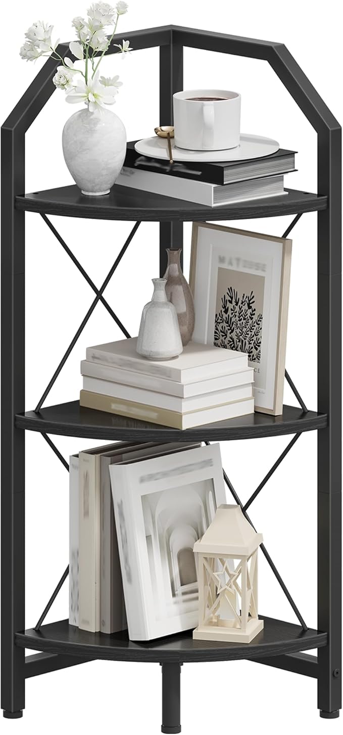 3-Tier Corner Shelf, Industrial Corner Bookshelf, 35.4" Storage Stand, Plant Stand Display Shelf, Bookcase for Bedroom, Living Room, Home Office, Black TCJ03BB 