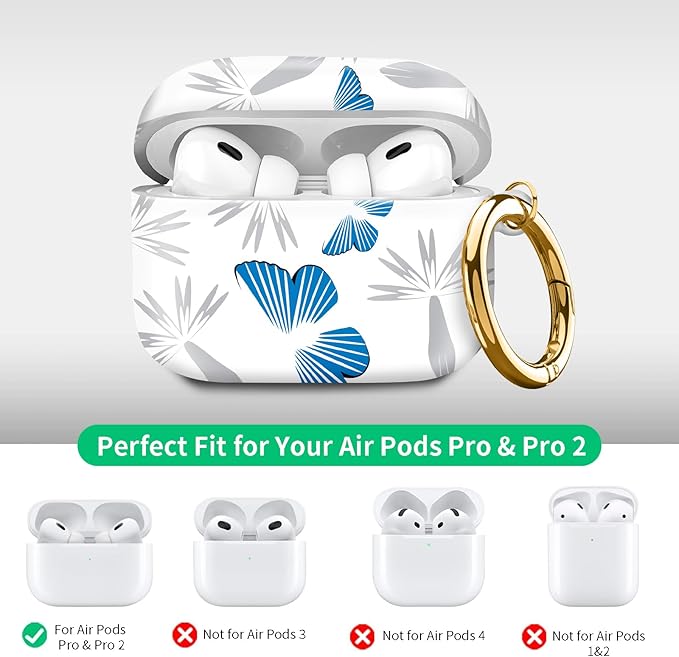 Compatible with Airpod pro 2nd/1st Generation Case Cover with Gold Round Keychain Cute Pattern Hard & Anti Slip Cover for Men Women & Girls(Blue Butterfly)