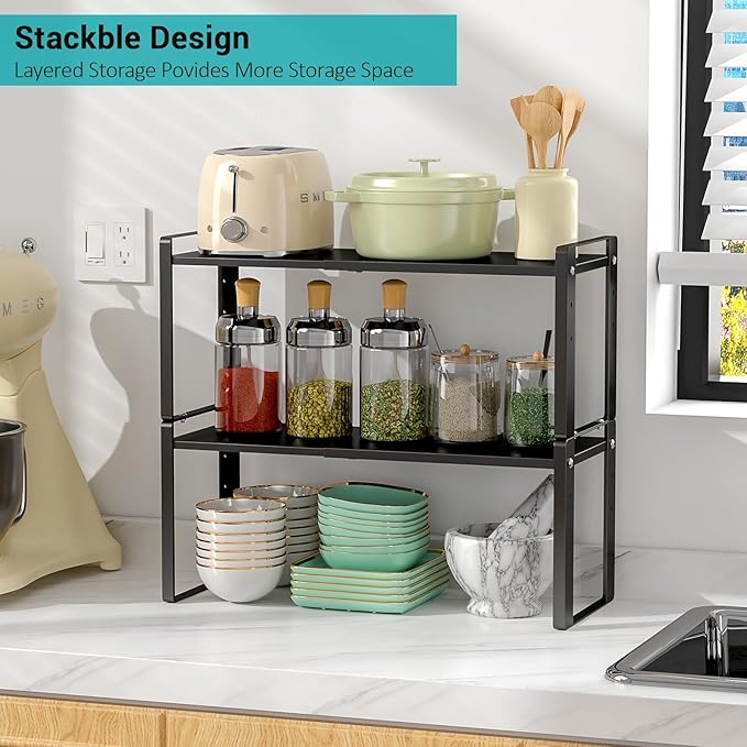 2 Pack Expandable Cabinet Organizer Shelves, Stackable Heavy Duty Metal Pantry Organizers, Adjustable Cabinet Shelf for Kitchen Counter, Cupboard, Pantry & Under Sink Space Saver, Black