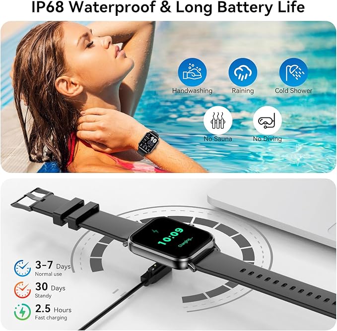 Smart Watch for Men Women Android & iOS, 5 ATM Waterproof Activity Fitness Tracker with Bluetooth 5.3 Calls, 130+ Sports Modes, 1.83" HD Smart Watch with Heart Rate/Sleep Monitor (Black)