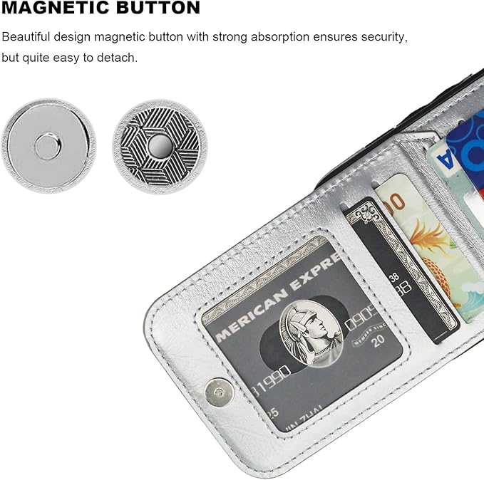 KIHUWEY Compatible with iPhone 15 Case Wallet with Credit Card Holder, Flip Premium Leather Magnetic Clasp Kickstand Heavy Duty Protective Cover for iPhone 15 6.1 Inch (Silver)