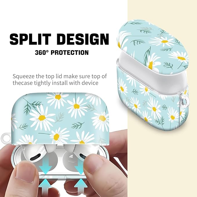 Compatible with AirPod Pro 2nd//1st Generation Case Cover with Key Chain,Full Protective Shockproof Wireless Headphone Case for Airpod Pro 2023/2022/2019(White Flowers)