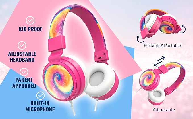 Gabba Goods Kids Safe Headphones, Foldable Tangle-Free 3.5mm Jack, Volume Limiting 85/94dB, Over-Ear with Microphone for School/Toddlers/Teens/Boys/Girls/Ipad/Tablet/Kindle/Phones/Travel/Plane