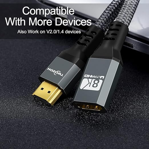 Twozoh 8K HDMI Extension Cable,2 Pack HDMI 2.1 Male to Female Cable, Nylon Braided HDMI Extender Cable Support 8K@60Hz 4K@120Hz 48gbps(5FT)