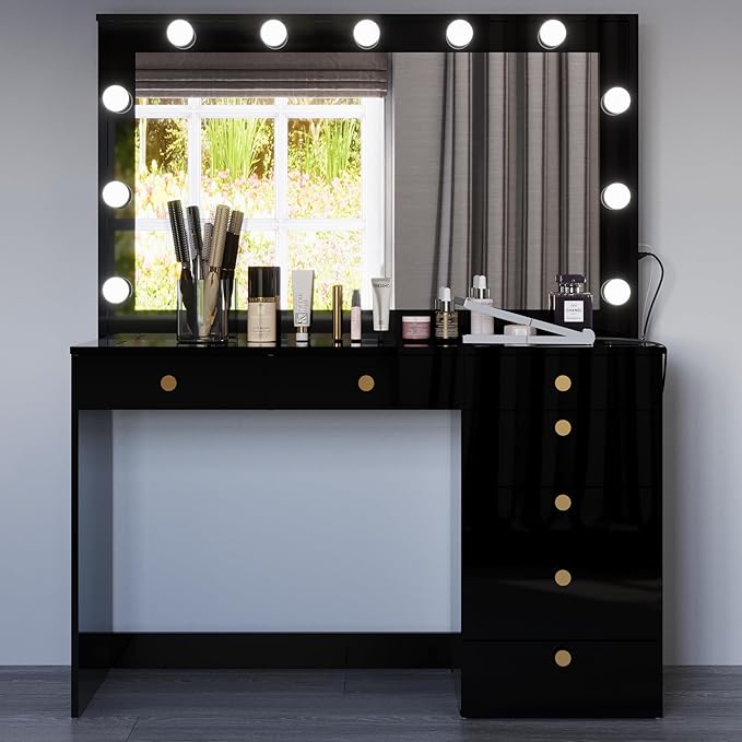 Boahaus Serena White Makeup Vanity with Mirror and 11 Lights, 7 Drawers, Glass Top, Crystal Knobs, USB-A & USB-C Ports, 110V Power Outlet, Bedroom Vanity Desk (Black)