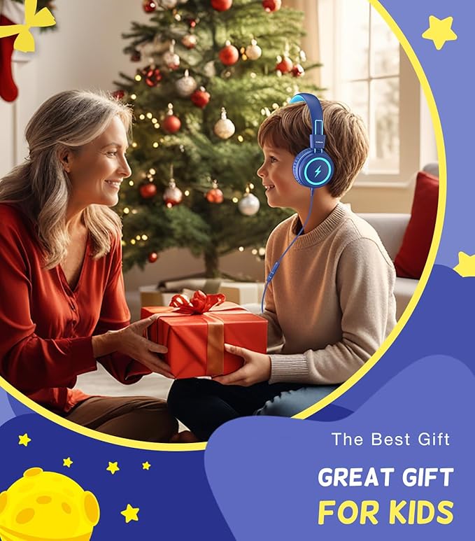 Kid Headphones for School, USB Type C Kids Headphone with LED Lights, Wired Boys Girls Headphones with Safe Limiter 85dB/94dB, Foldable On Ear Headphones with Microphones for Girls, Boys, iPad-Blue