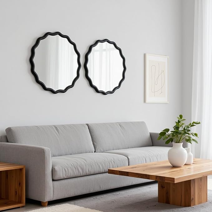 Circle Scalloped Mirror for Wall 24" Round Wavy Wooden Frame Vanity Mirror Hanging for Bedroom, Living Room, Hallway, Entryway, Home Decor Black