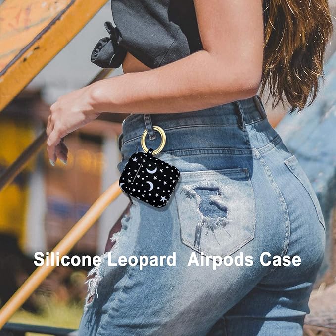 Moon Star Silicone Case Compatible with Airpods Case, Gawnock Soft Earpod Case Cover Flexible Compatible with Airpods 2nd/1st Generation Floral Print Cover for Women Girls with Keychain - Moon/Star