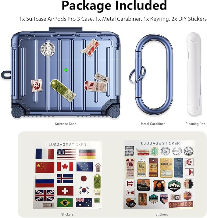 KOREDA Compatible with AirPods Pro 3 Case Cover, Cute Funny Suitcase Design Case for AirPods Pro 3rd Generation, Fashion Protective Hard Case for Women Men with Keychain and Cleaner Kit (Blue)