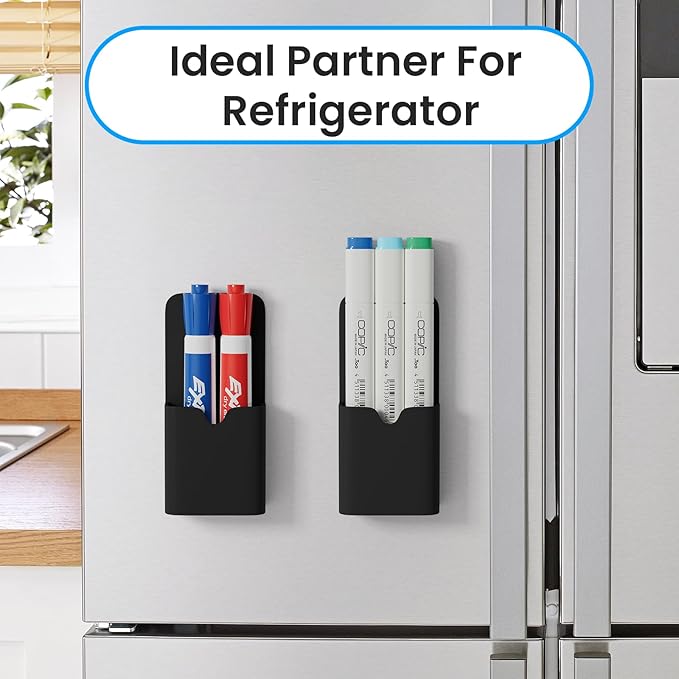 4 Pack Magnetic Marker Holder for Whiteboard, Wall Pen Holder Organizer for Dry Erase Markers, Pencils, Ideal for Classroom, Office, Refrigerator, and Locker (Black)