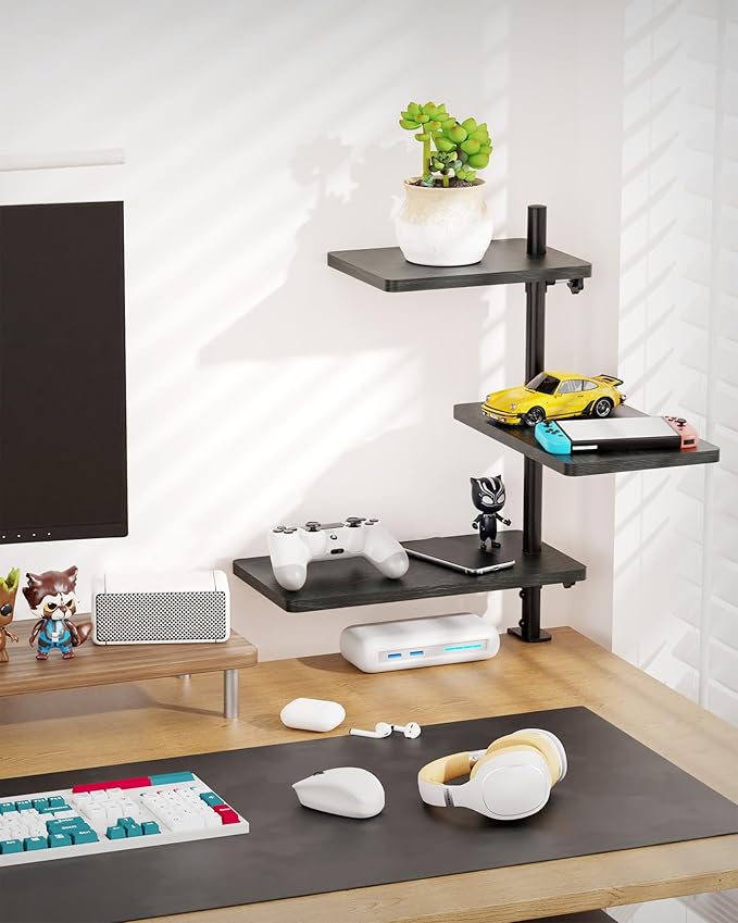 3 Tiers Clamp On Desk Shelf, 360¡ã Angle Adjustable Desktop Shelf Organizer for Home Office Gaming Room, No Drill Desk Extender Adapt to 0.4-2.16 inches Table Thick, Black Brown