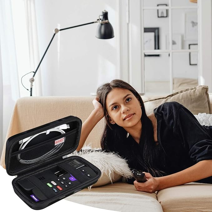 BOVKE Hard Case for Roku Voice Remote Controller, Streaming Stick+ / 4K, TV Remote Case for Steaming Stick 3820R/ 3821R/3941R, Extra Mesh Pocket for Adapters, Cables, Black Cube