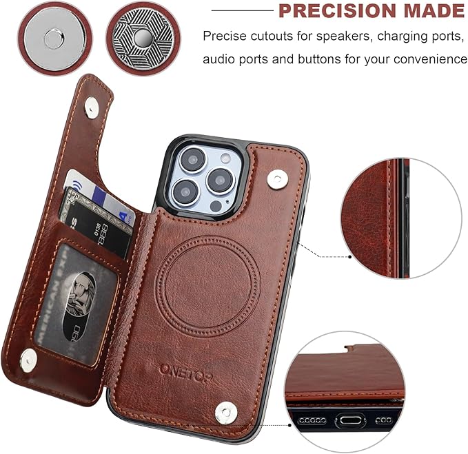 ONETOP Compatible with Magsafe for iPhone 13 Pro Wallet Case with Card Holder, PU Leather Kickstand RFID Blocking Case, Double Magnetic Clasp and Durable Shockproof Cover 6.1 Inch (Brown)