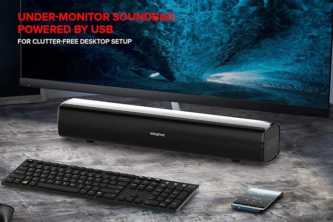 Creative Stage Air Portable and Compact Under-Monitor USB-Powered Soundbar for Computer, with Dual-Driver and Passive Radiator for Big Bass, Bluetooth and AUX-in, USB MP3 (Renewed)